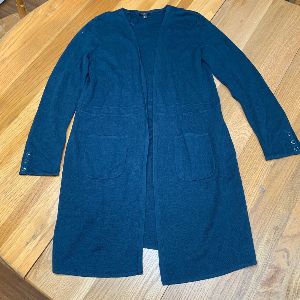 Talbots Womens Small Teal Blue Cotton Modal Longline Open Front Duster Cardigan